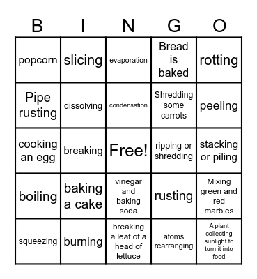 Chemical and Physical Changes Bingo Card