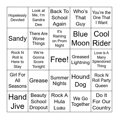 Boogie Down Bingo Grease Bingo Card