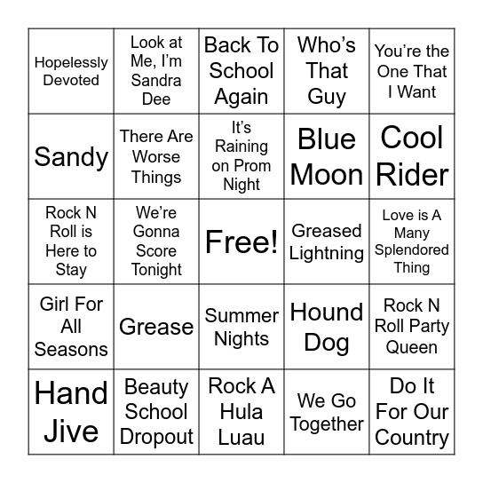 Boogie Down Bingo Grease Bingo Card
