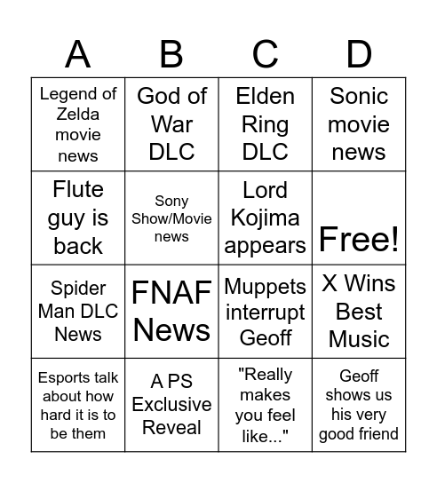 Game Awards Bingo Card