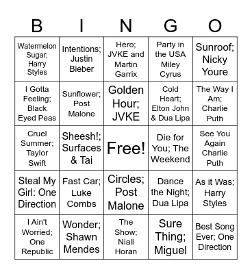 POP HITS! Bingo Card