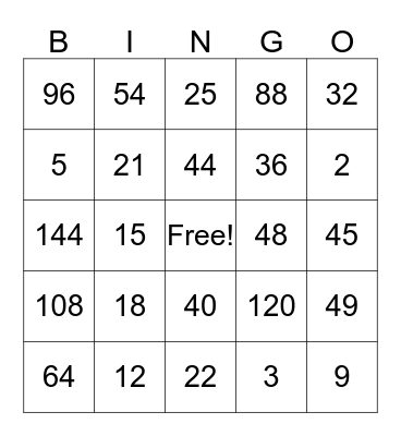 Multiplication Bingo Card
