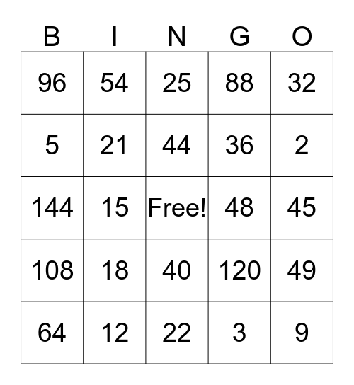 Multiplication Bingo Card