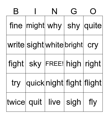 Short I, Long I, IGH Words, and Y sound like I Words Bingo Card