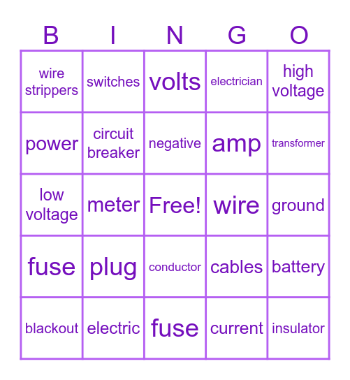 Electrical Terms Bingo Card