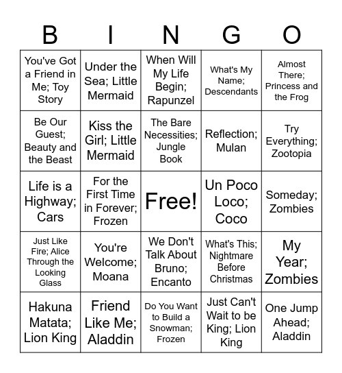 DISNEY SONGS! Bingo Card