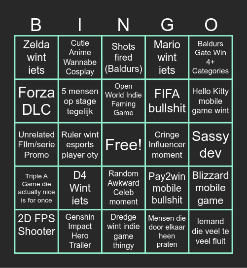 Game Awards Bingo Card