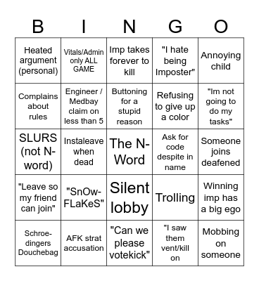 Public Among Us Server Bingo Card