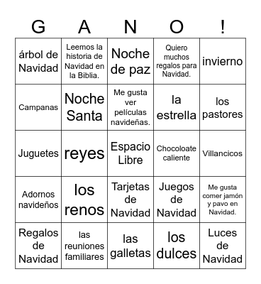 Spanish 1 Gano de Navidad Bingo Card