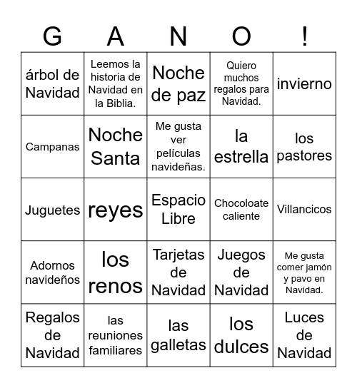 Spanish 1 Gano de Navidad Bingo Card