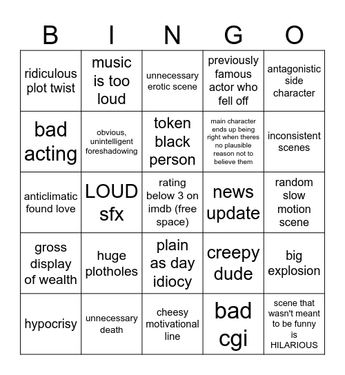 Bad Movie Bingo Card