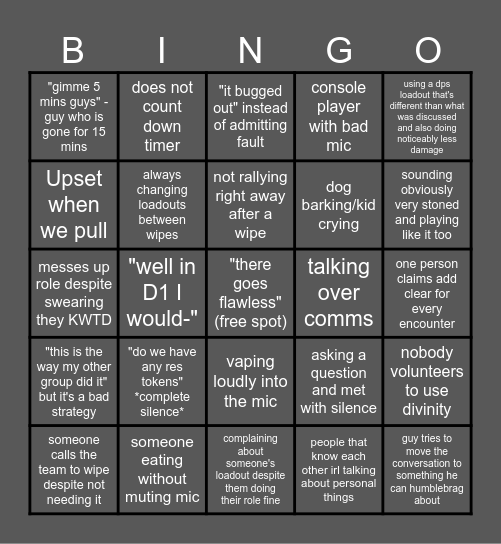 Destiny 2 Raid LFG Bingo Card