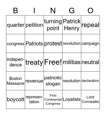 American Revolution Bingo Card