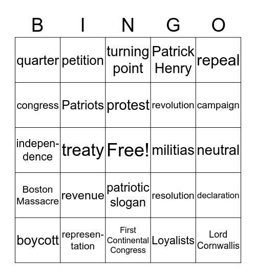 American Revolution Bingo Card