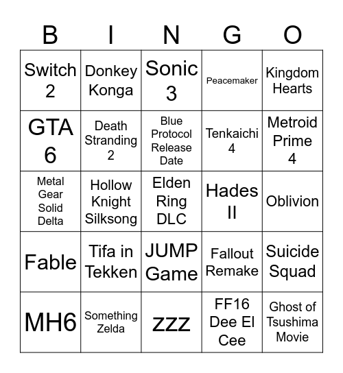 Game Awards Bingo Card