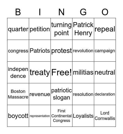 American Revolution Bingo Card