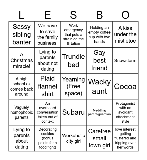 Lesbian Christmas Movie Bingo Card