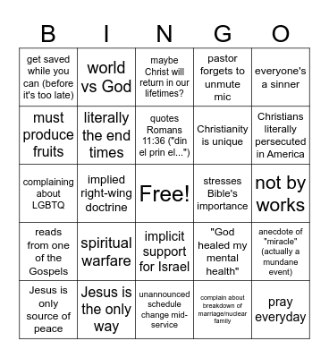 church service bingo Card
