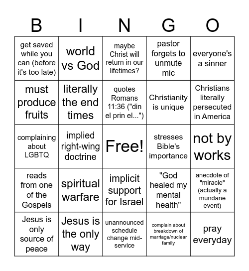 church service bingo Card