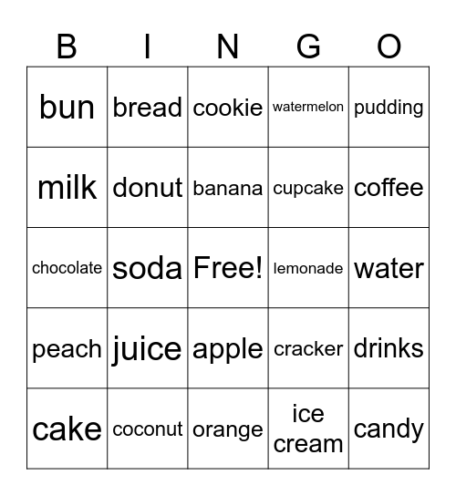 Food and Drinks Bingo Card