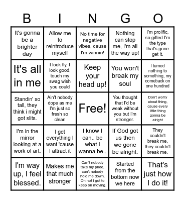Positive Affirmation Lyrics Bingo Card