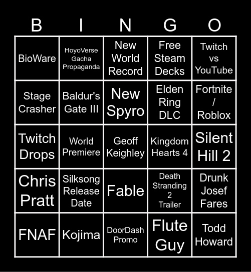 Game Awards 2023 Bingo Card