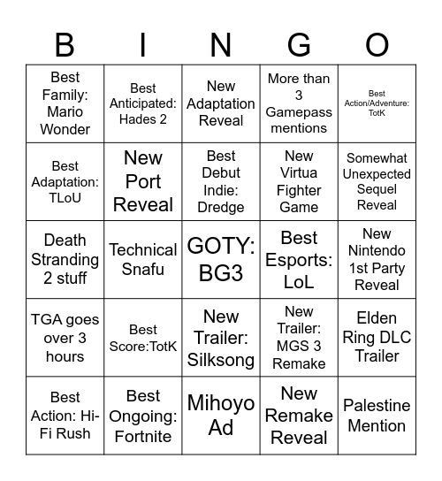 The Game Awards 2023 Bingo Card