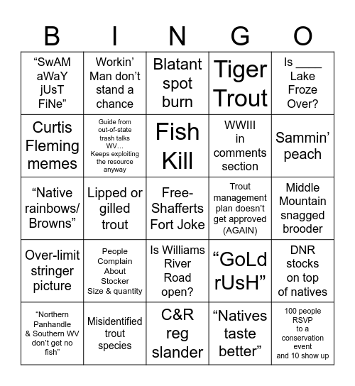 ‘23 WV Trout Fishing Page Bingo Card