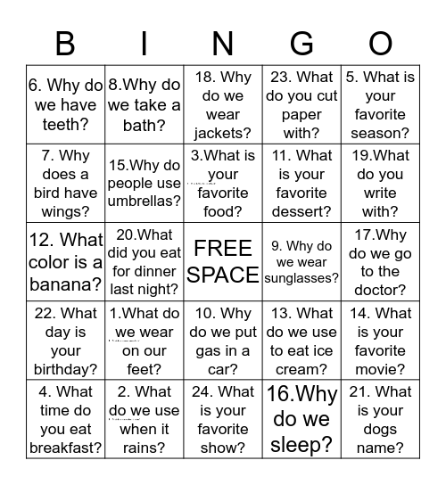 What and Why Questions Bingo Card