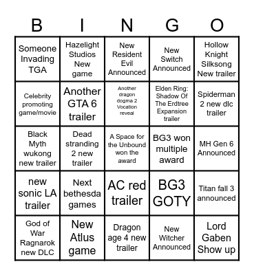 TGA 2023 Bingo Card