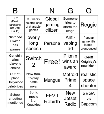 Game Awards 2023 Bingo Card