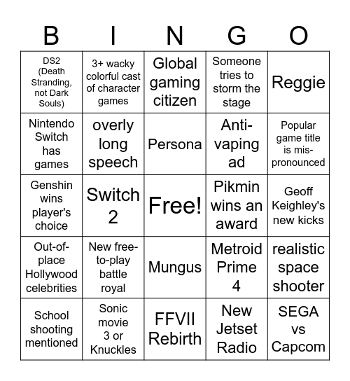Game Awards 2023 Bingo Card