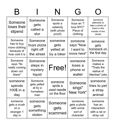 Choir Tour Bingo NYC Edition Bingo Card