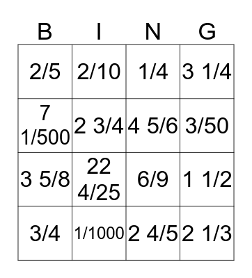 DECIMAL TO FRACTIONS Bingo Card