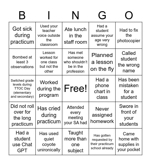 PDP Bingo Card