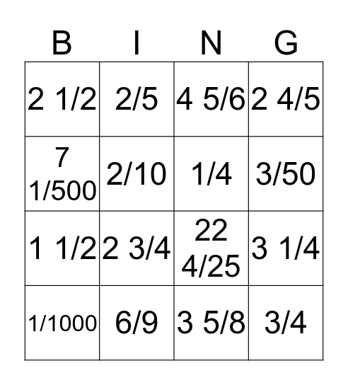 DECIMAL TO FRACTIONS Bingo Card