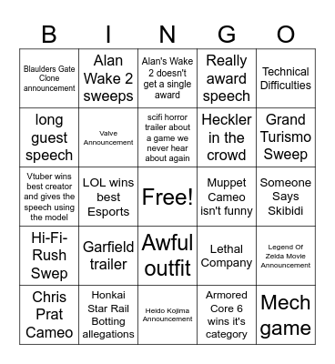 Game Awards 2023 Bingo Card