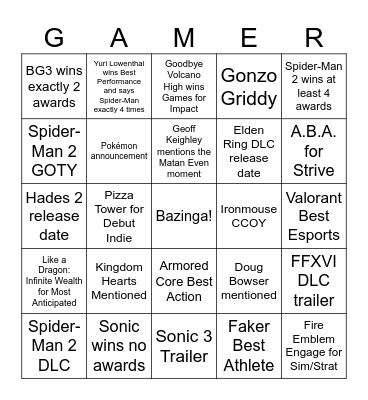 Game Awards Bingo Card
