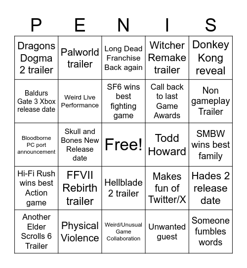 The Game Awards 2023 Bingo Card