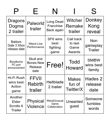The Game Awards 2023 Bingo Card