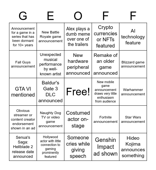 SuperHobbit streams The Game Awards 2023 Bingo Card