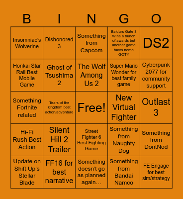 Game Awards Predictions Bingo Card