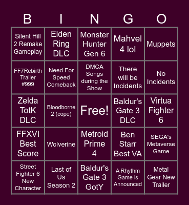 TGA Dream Win Bingo Card