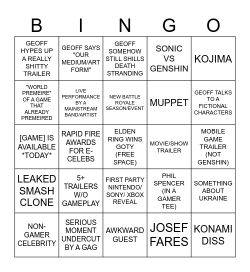 The Game Awards 2023 Bingo Card