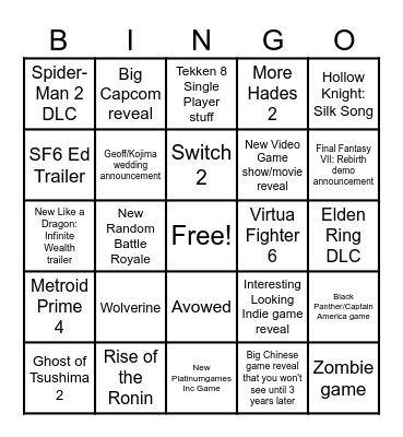 The Game Awards 2023 Bingo Card