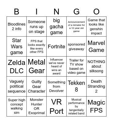 Game Awards Bingo Card