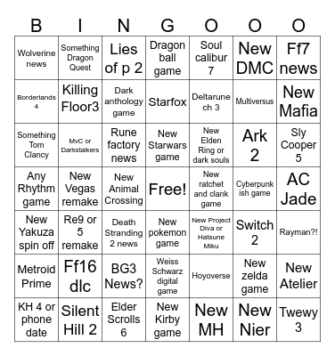Game Awards Bingo Card