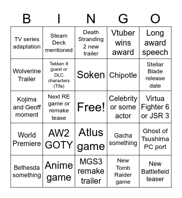 The Game Awards 2023 Bingo Card