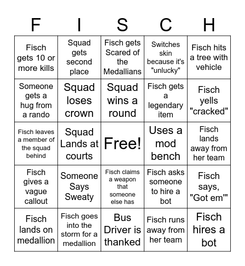 Fortnite Friday Bingo Card