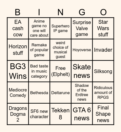Game Awards 2023 Bingo Card